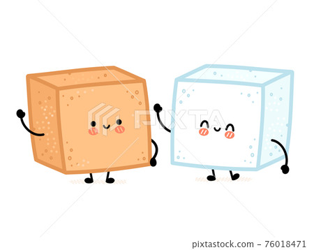 Cute funny happy white and brown cane sugar piece cube character. Vector flat line cartoon kawaii character illustration icon. Isolated on white background. Sugar cube characters concept Cute funny happy white and brown cane sugar piece cube character. Vector flat line cartoon kawaii character illustration icon. Isolated on white background. Sugar cube characters concept 76018471
