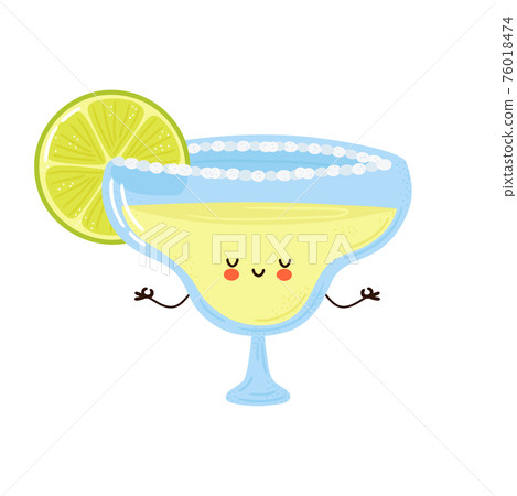 Cute funny Margarita cocktail meditate in yoga pose. Vector hand drawn cartoon kawaii character illustration icon. Isolated on white background. Margarita cocktail meditate concept 76018474