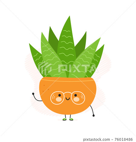 Cute funny Succulent in a pot character. Vector hand drawn cartoon kawaii character illustration icon. Isolated on white background. Succulent in a pot character concept 76018486