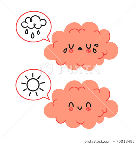 Cute funny brain character and speech bubble with sun and rain cloud. Vector cartoon kawaii character illustration icon. Isolated on white background. Brain sad and happy mood character concept Cute funny brain character and speech bubble with sun and rain cloud. Vector cartoon kawaii character illustration icon. Isolated on white background. Brain sad and happy mood character concept 76018495