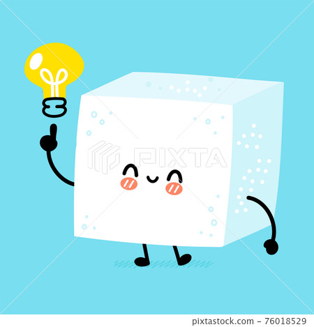 Cute funny happy sugar piece cube character with idea light bulb. Vector flat line cartoon kawaii character illustration icon. Sugar cube character concept 76018529