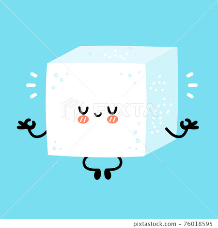 Cute funny happy sugar piece cube character meditate in yoga pose. Vector flat line cartoon kawaii character illustration icon. Isolated on white background. Sugar cube character concept Cute funny happy sugar piece cube character meditate in yoga pose. Vector flat line cartoon kawaii character illustration icon. Isolated on white background. Sugar cube character concept 76018595