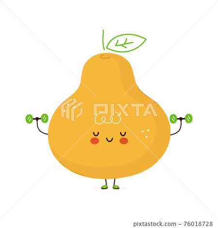 Cute funny Pear fruit with dumbbells. Vector hand drawn cartoon kawaii character illustration icon. Isolated on white background. Pear fruit gym concept Cute funny Pear fruit with dumbbells. Vector hand drawn cartoon kawaii character illustration icon. Isolated on white background. Pear fruit gym concept 76018728