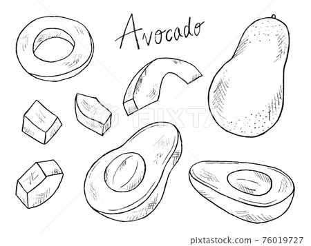 Black and white handwritten illustration image of avocado and food Black and white handwritten illustration image of avocado and food 76019727