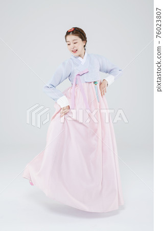 Male and female in Korean traditional clothes Hanbok 033 76023807