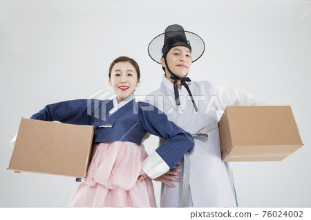 Male and female in Korean traditional clothes Hanbok. comic humorous concept. 157 Male and female in Korean traditional clothes Hanbok. comic humorous concept. 157 76024002