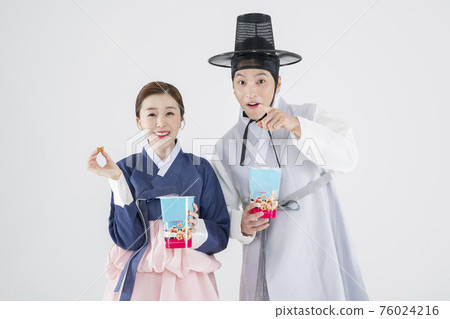 Male and female in Korean traditional clothes Hanbok. comic humorous concept. 176 Male and female in Korean traditional clothes Hanbok. comic humorous concept. 176 76024216