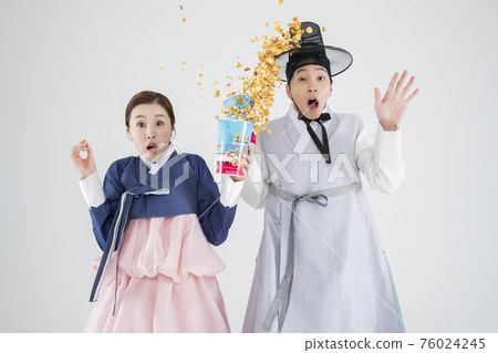 Male and female in Korean traditional clothes Hanbok. comic humorous concept. 179 Male and female in Korean traditional clothes Hanbok. comic humorous concept. 179 76024245