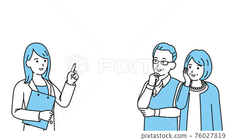 Doctors, female doctors, patients, seniors, elderly people, illustration materials to explain to elderly couples 76027819