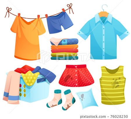 Clean and dirty clothes, laundry, washed linen set Clean and dirty clothes, laundry, washed linen set 76028230