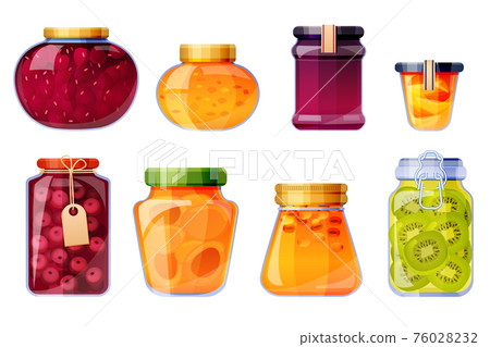 Glass jars with jam from strawberry, peach, cherry 76028232