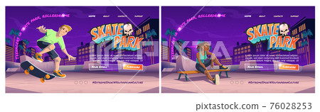 Skate park cartoon landing page with teenager 76028253