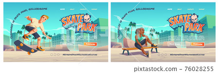 Skate park cartoon landing page with teenager 76028255