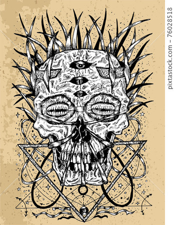 Grunge horror illustration with skull, tentacles and sacred geometry patterns. Mystic background for Halloween, esoteric, gothic, heavy metal or occult concept, tattoo sketch 76028518