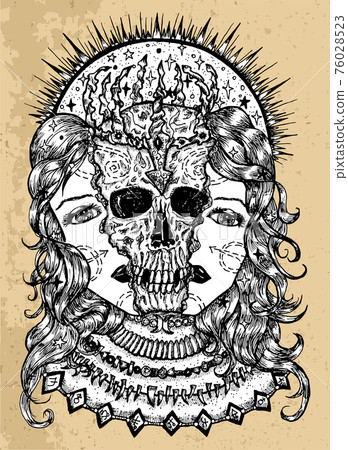 Grunge illustration with halves of woman face and scary skull between them. Mystic background for Halloween, esoteric, gothic, heavy metal or occult concept, tattoo sketch 76028523