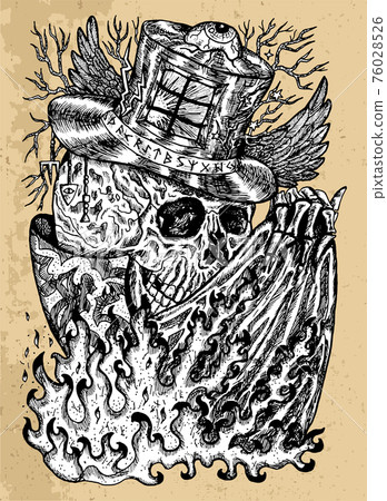Grunge illustration with skull wearing illusionist, magician or wizard hat with flame on cloak. Mystic background for Halloween, esoteric, gothic, heavy metal or occult concept 76028526