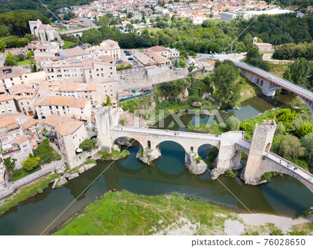 View from drone of Besalu, Spain 76028650