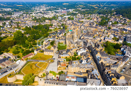 Aerial view of historic centre of Guingamp with Basilica and castle Aerial view of historic centre of Guingamp with Basilica and castle 76028697