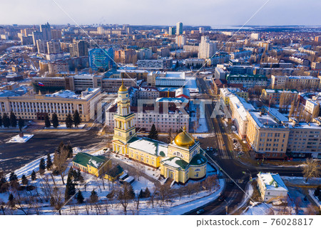 Aerial view of the Christ-Nativity Cathedral and residential areas in winter in Lipetsk Aerial view of the Christ-Nativity Cathedral and residential areas in winter in Lipetsk 76028817