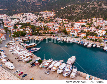 Aerial view of coastal area and marina of Kas during sundown, Turkey Aerial view of coastal area and marina of Kas during sundown, Turkey 76028882