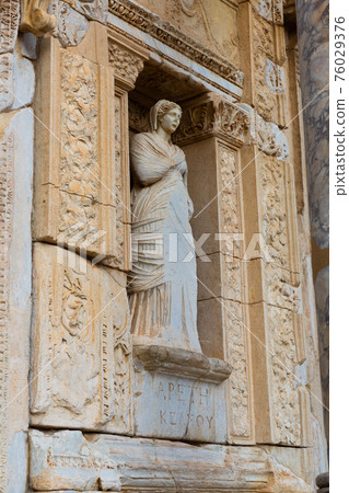 Sculpture of Arete on restored facade of Celsus Library in Ephesus, Turkey Sculpture of Arete on restored facade of Celsus Library in Ephesus, Turkey 76029376