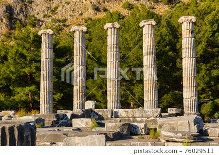 Columns on ruins of ancient Temple of Athena in Priene, Turkey 76029511