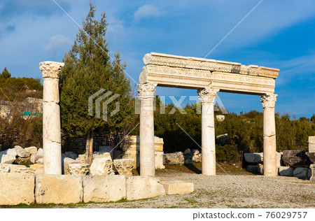Remains of marble pillars of agora in ancient city of Kibyra, Turkey 76029757