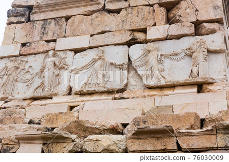 Ancient Heroon wall with figured marble reliefs in Sagalassos, Turkey Ancient Heroon wall with figured marble reliefs in Sagalassos, Turkey 76030009