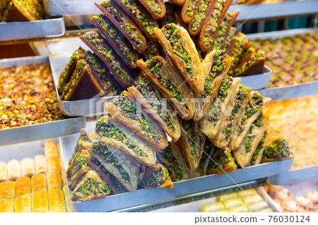 Traditional Turkish baklava from filo pastry for sale 76030124