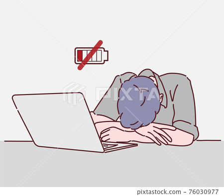 Burnout. Professional burnout syndrome. Tired man manager with full and low energy battery working on computer in workplace. Hand drawn in thin line style, vector illustrations. Burnout. Professional burnout syndrome. Tired man manager with full and low energy battery working on computer in workplace. Hand drawn in thin line style, vector illustrations. 76030977
