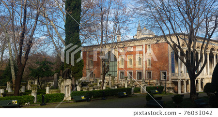 Tiled Kiosk and courtyard with ancient exhibits in Istanbul Archeology Museums 76031042