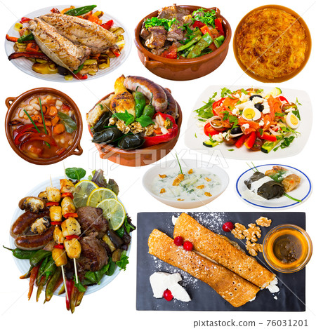 Tasty dishes of traditional Bulgarian cuisine at plates isolated Tasty dishes of traditional Bulgarian cuisine at plates isolated 76031201