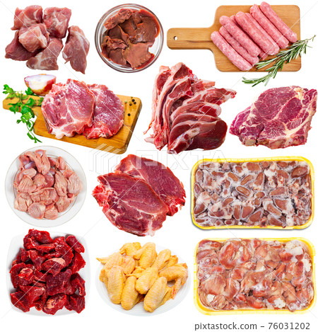 Assortment of various raw meat isolated on white background Assortment of various raw meat isolated on white background 76031202