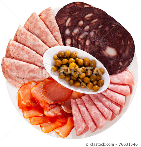 Antipasto platter with various meat and olives Antipasto platter with various meat and olives 76031540