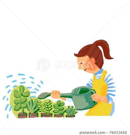 一個女人用噴壺給盆栽澆水 76031688