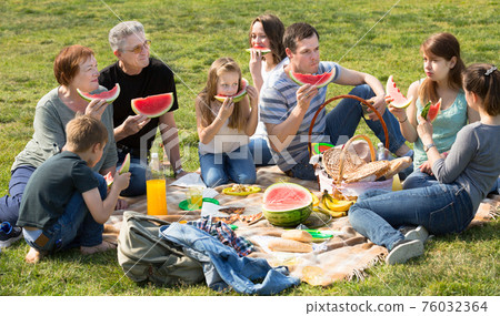 Positive people sitting on picnic together Positive people sitting on picnic together 76032364
