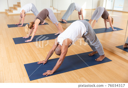Young adult people practicing yoga at group 76034317