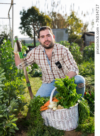 Gardener with harvested greens 76034717