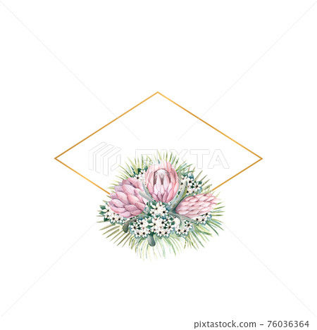 Diamond-shaped gold frame with protea flowers, tropical leaves, palm leaves, bouvardia flowers. Wedding bouquet in a frame for the design of a stylish invitation. Watercolour illustration 76036364