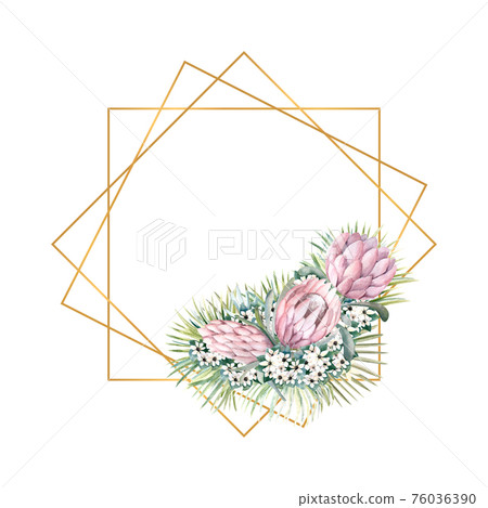 Geometric gold frame with protea flowers, tropical leaves, palm leaves, bouvardia flowers. Wedding bouquet in a frame for the design of a stylish invitation. Watercolour illustration Geometric gold frame with protea flowers, tropical leaves, palm leaves, bouvardia flowers. Wedding bouquet in a frame for the design of a stylish invitation. Watercolour illustration 76036390