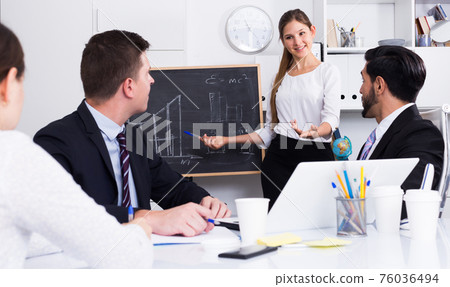 Businesswoman doing presentation to colleagues Businesswoman doing presentation to colleagues 76036494
