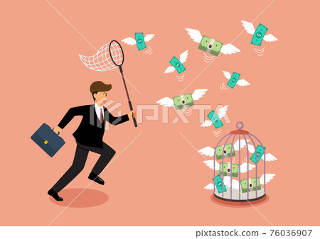 Businessman trying to catch flying money into birdcage 76036907
