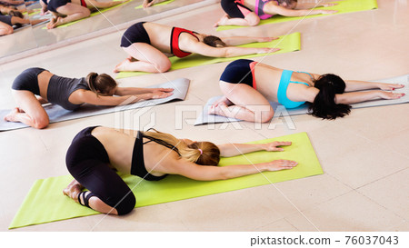 Women exercising yoga poses in fitness center Women exercising yoga poses in fitness center 76037043