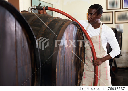 Wine producer controlling production wine in winery, preparing for wine filtration Wine producer controlling production wine in winery, preparing for wine filtration 76037587