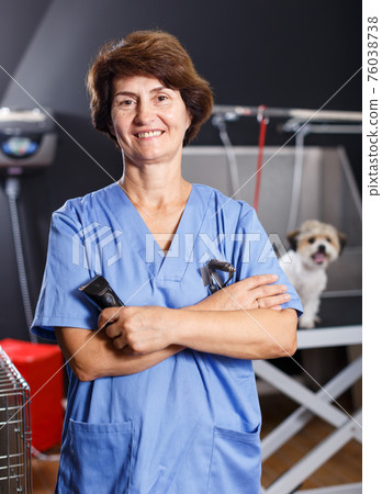 Female groomer with havanese puppy Female groomer with havanese puppy 76038738