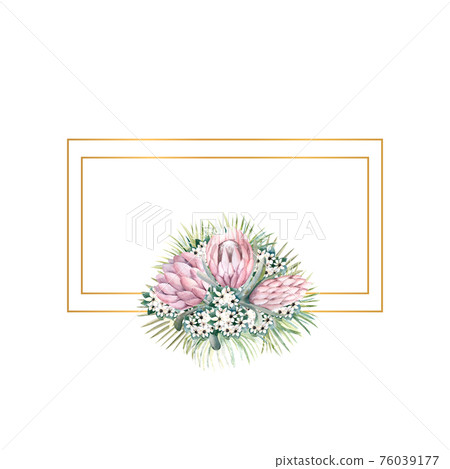 Rectangular gold frame with protea flowers, tropical leaves, palm leaves, bouvardia flowers. Wedding bouquet in a frame for the design of a stylish invitation. Watercolour illustration Rectangular gold frame with protea flowers, tropical leaves, palm leaves, bouvardia flowers. Wedding bouquet in a frame for the design of a stylish invitation. Watercolour illustration 76039177