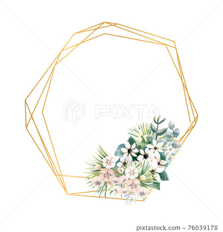 Geometric gold frame with small flowers of actinidia, bouvardia, tropical and palm leaves. Wedding bouquet in a frame for the design of a stylish invitation. Watercolour illustration 76039178