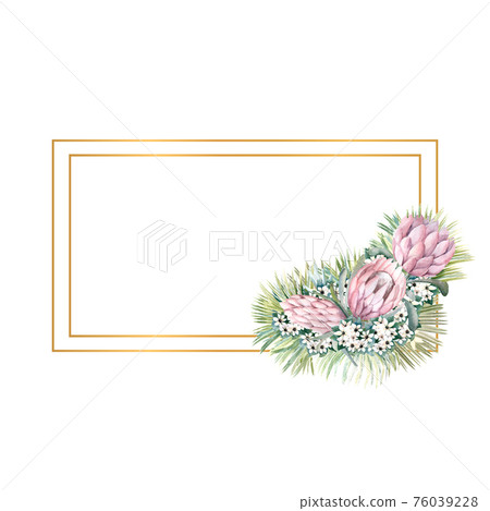 Rectangular gold frame with protea flowers, tropical leaves, palm leaves, bouvardia flowers. Wedding bouquet in a frame for the design of a stylish invitation. Watercolour illustration Rectangular gold frame with protea flowers, tropical leaves, palm leaves, bouvardia flowers. Wedding bouquet in a frame for the design of a stylish invitation. Watercolour illustration 76039228