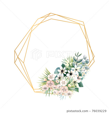 Geometric gold frame with small flowers of actinidia, bouvardia, tropical and palm leaves. Wedding bouquet in a frame for the design of a stylish invitation. Watercolour illustration 76039229