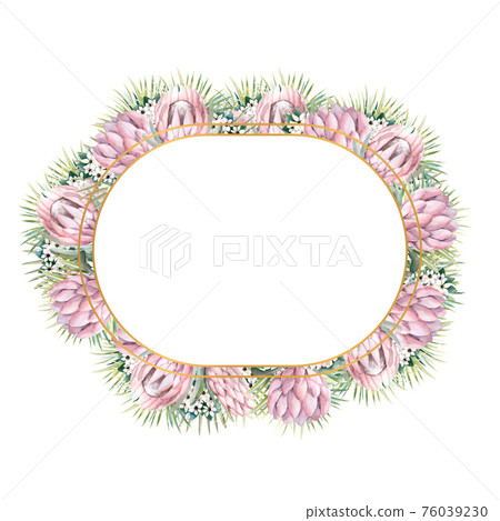 Oval gold frame with protea flowers, tropical leaves, palm leaves, bouvardia flowers. Wedding bouquet in a frame for the design of a stylish invitation. Watercolour illustration 76039230